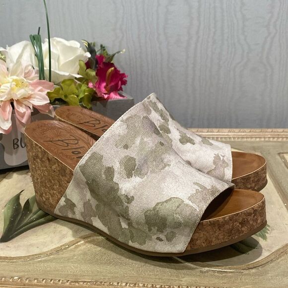 Blowfish Malibu Haxy Band Camo Cork Wedges Sz 10 - Picture 2 of 12